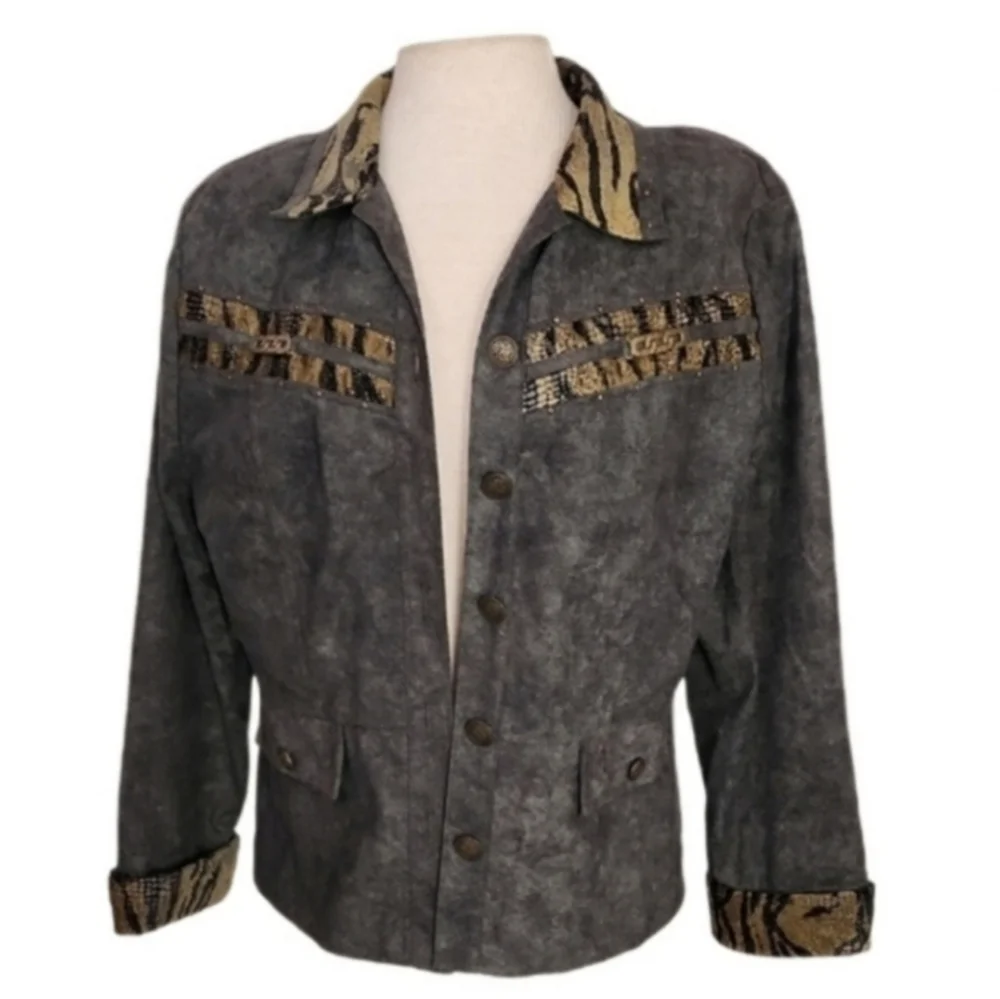 Nancy Bolen Jacket Faux Suede with Animal Print Accents Green Plus Size 14